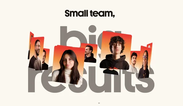 Team portraits layered within oversized letterforms, photographic, minimal, dark