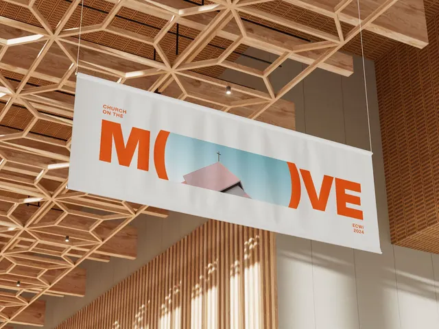 Moving church event signage, minimal, warm