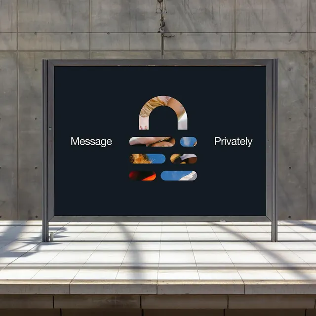 Encrypted messaging app logo (outdoor display), minimal, corporate-clean, dark