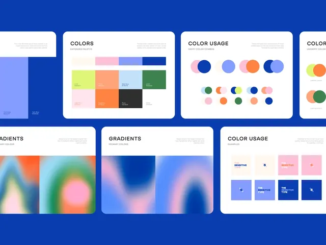 Design system documentation, color swatches and gradients, minimal, gradient-heavy, cool