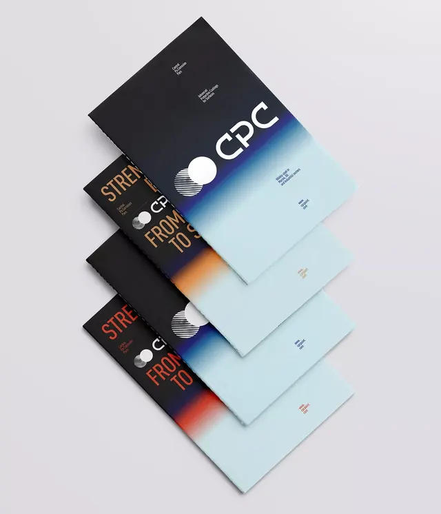 CPC brand collateral stacked mockup, minimal, gradient-heavy, light