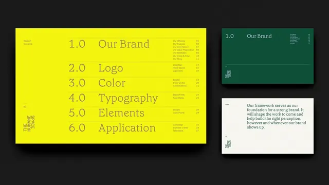 Neon-yellow brand guideline table of contents, minimal, corporate-clean, dark