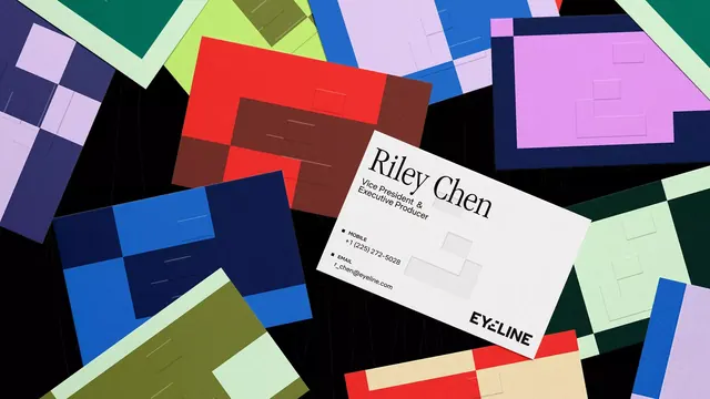 Riley Chen geometric identity with color-blocked business card, geometric, abstract, dark