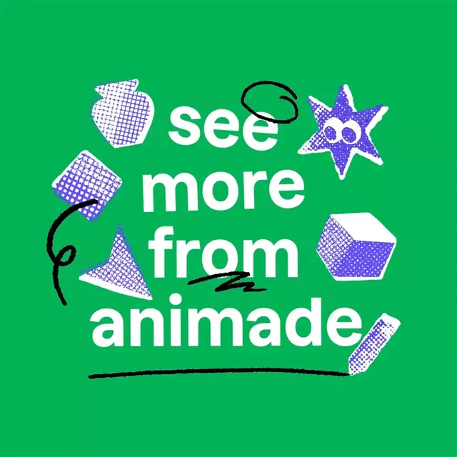 Animated brand call-to-action with geometric shapes, minimal, playful, vibrant