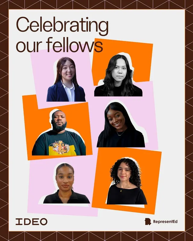 Celebrating colleagues, IDEO and RepresentEd portrait grid, corporate-clean, geometric, dark