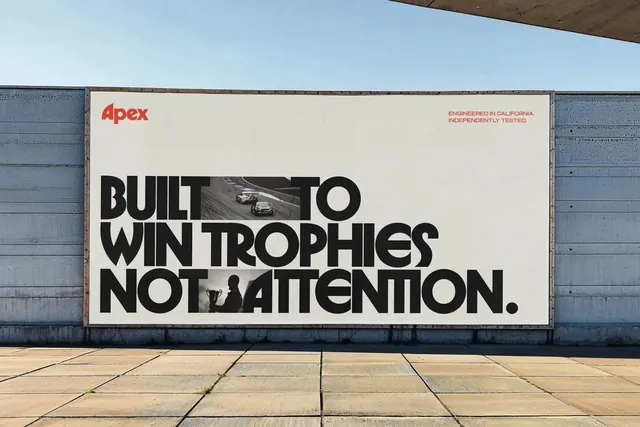 Apex outdoor billboard: bold sans-serif wordmark with embedded product image, corporate-clean, minimal, light