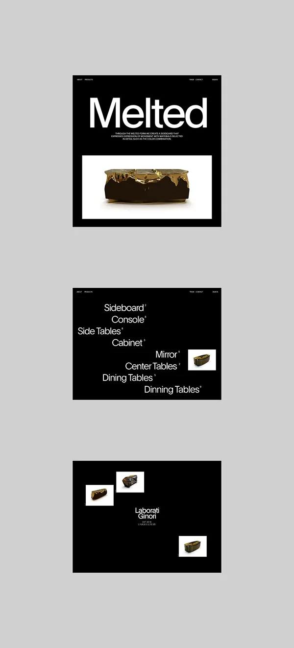 Melted furniture brand system, minimal, editorial, dark