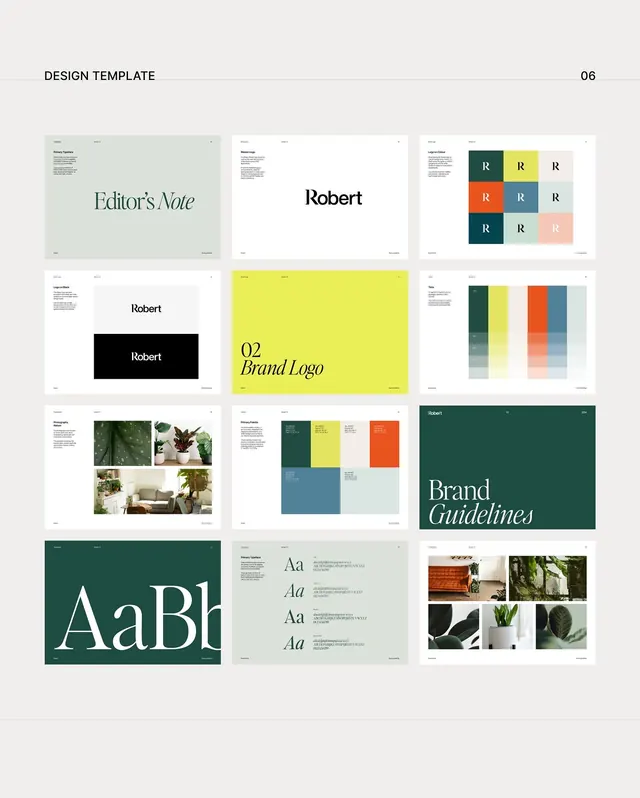 Robert brand identity system: 12-page template grid with color palette, typography, logo variations, corporate-clean, minimal, light