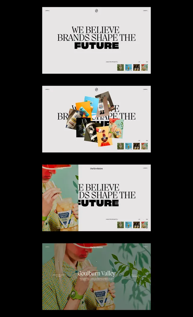Minimal editorial marketing campaign with stacked frames, minimal, editorial, dark