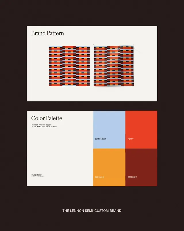 The Lennon brand identity: pattern grid and color palette, minimal, geometric, high-contrast