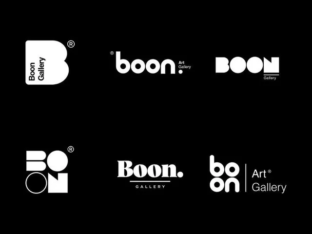 Boon Art Gallery logo suite in black and white, minimal, monochrome, dark