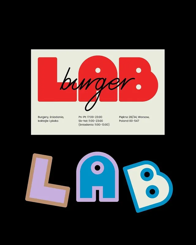 LAB burger bar identity with playful mascot system, playful, geometric, warm