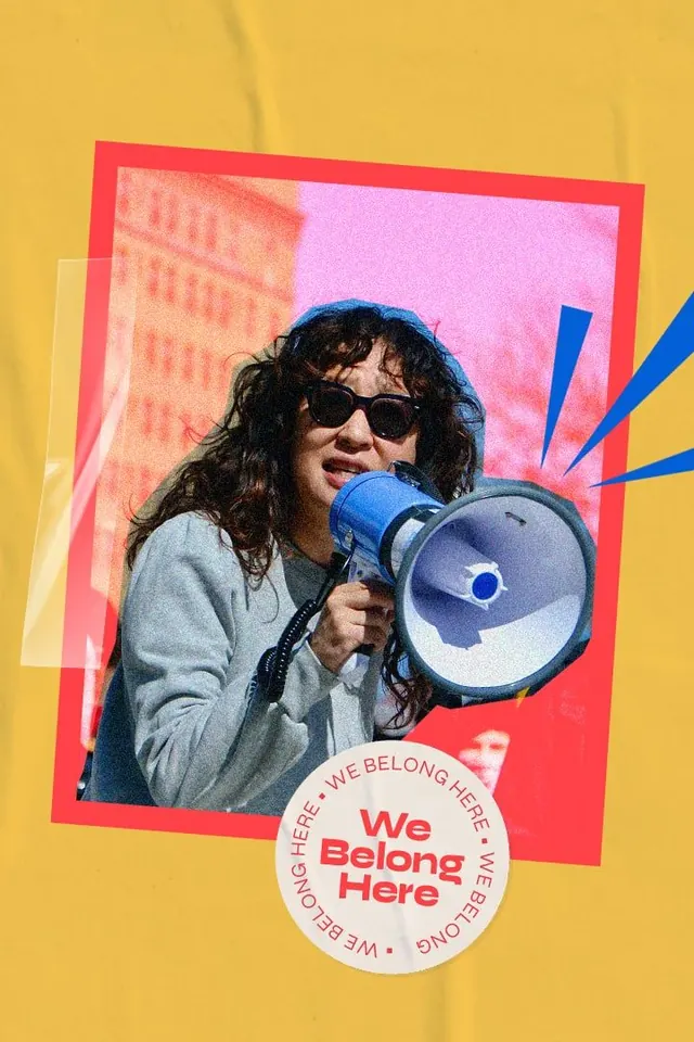 Bold layered activist poster with megaphone icon, editorial, warm