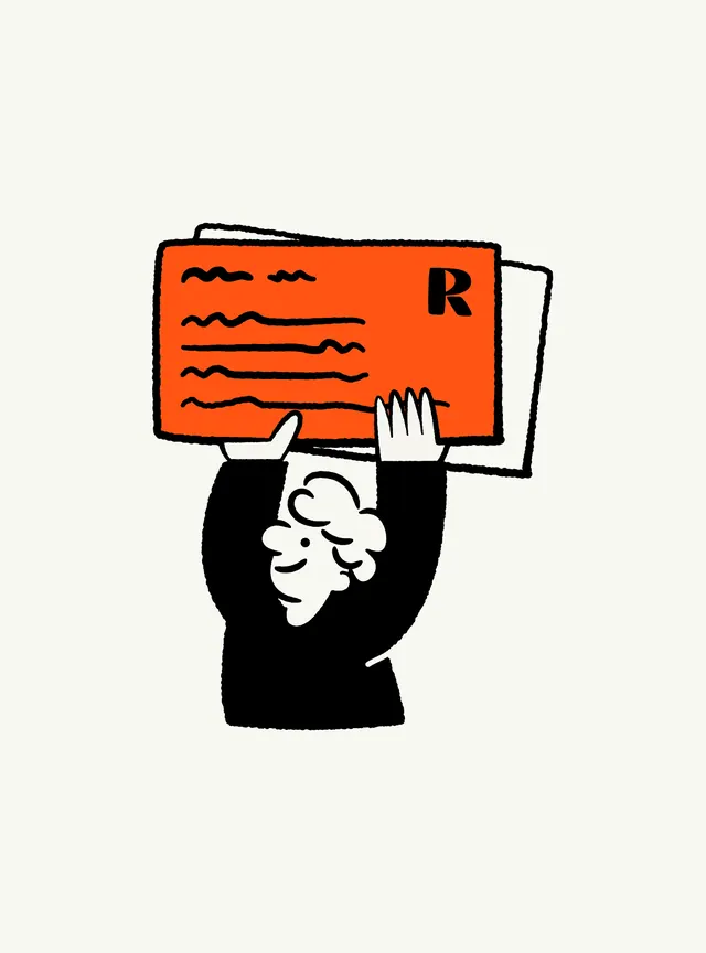 Hand-drawn icon: silhouette holding orange card with R glyph, flat, minimal, warm