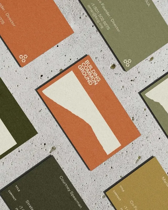 Earthy business card system in angled layout, minimal, geometric, earthy