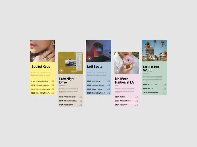 Lofi music playlist cards UI, minimal, light-mode, light