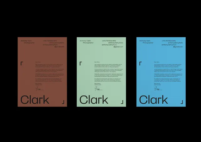 Clark identity letterhead suite, minimal, corporate-clean, warm