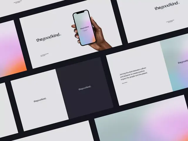 Gradient brand identity system with phone mockup, minimal, geometric, light