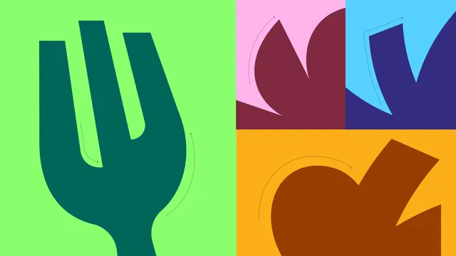 Vibrant multicolor abstract forms on split background, flat, geometric, vibrant
