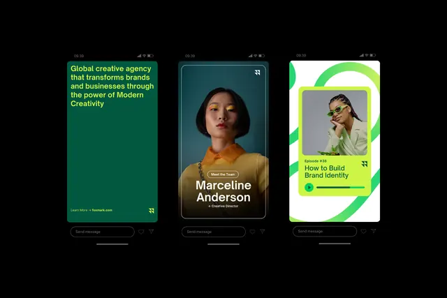 Three-card design system branding, minimal, corporate-clean, dark