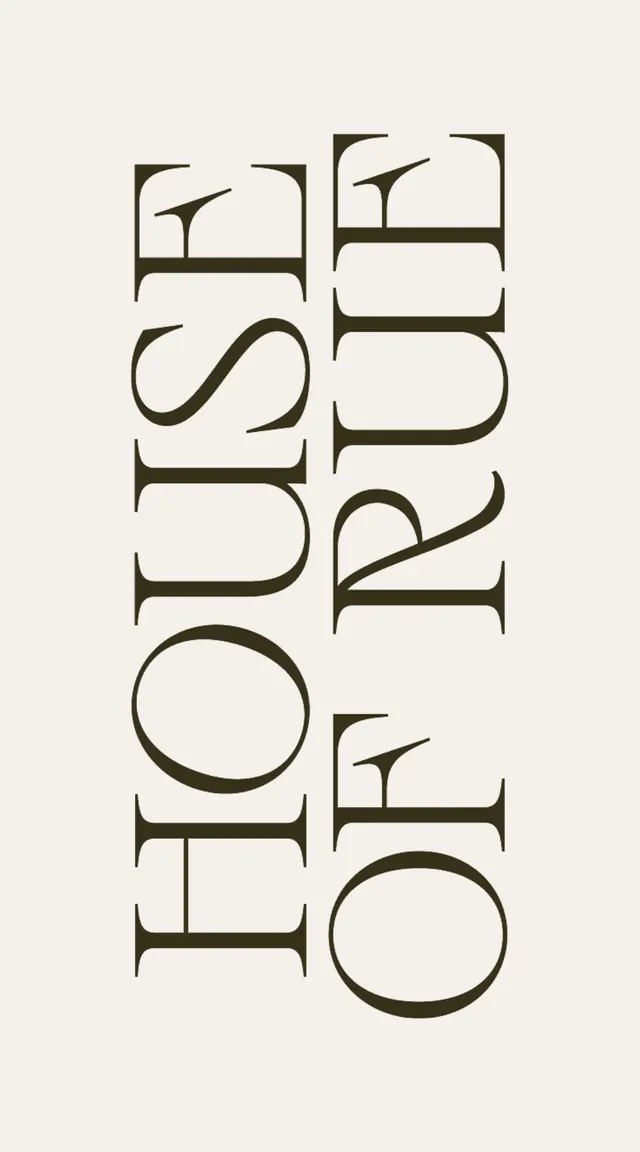 Serif type specimen: HOUSE OF RUE with bracketed letterforms, minimal, monochrome, dark