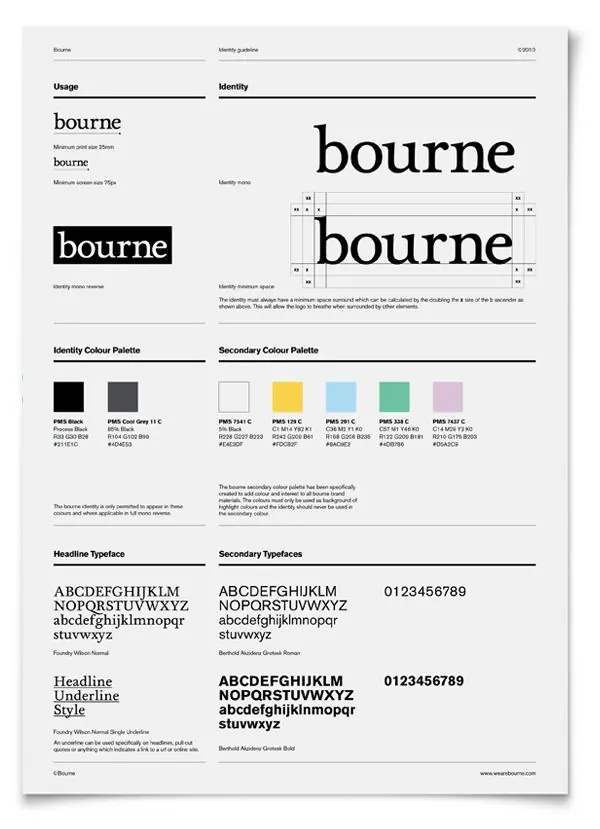 Bourne brand identity system with grid layout, minimal, corporate-clean, dark