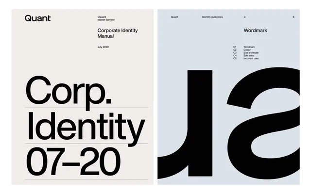 Quant corporate identity manual with bold sans-serif wordmark, minimal, corporate-clean, light
