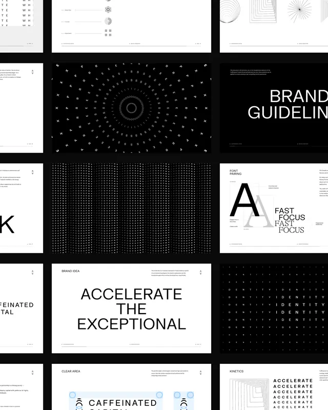 Brand guideline pages with dot matrices and serif hierarchy, minimal, geometric, dark