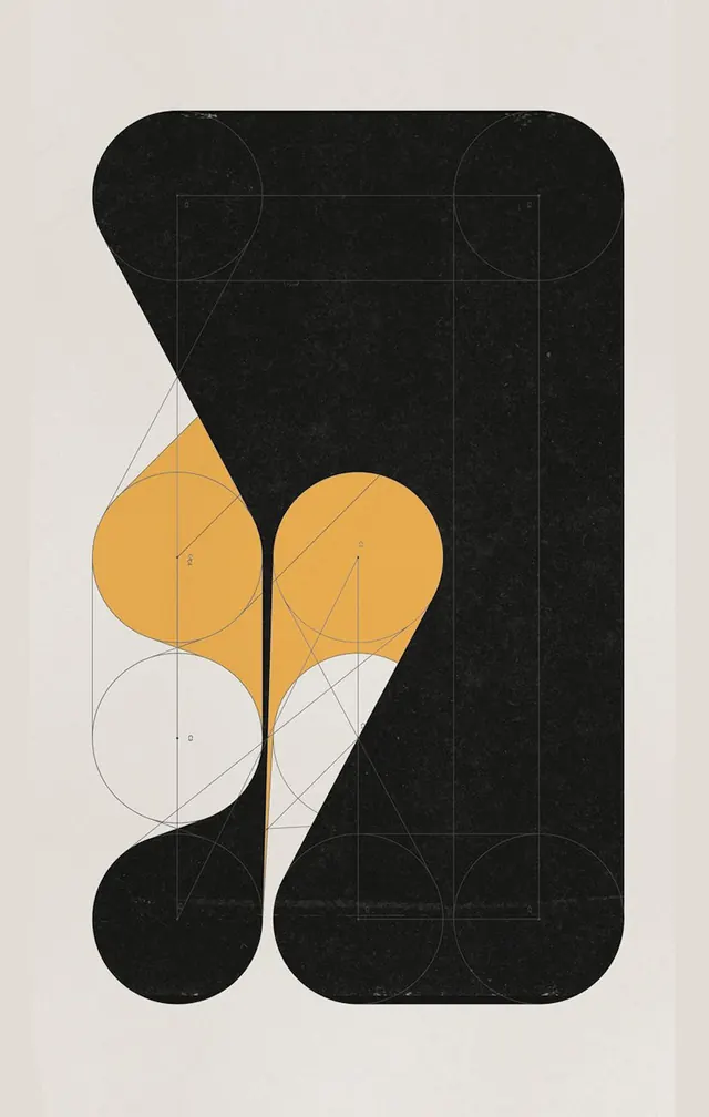 Geometric identity system with mustard circles and grid overlay, minimal, abstract, dark