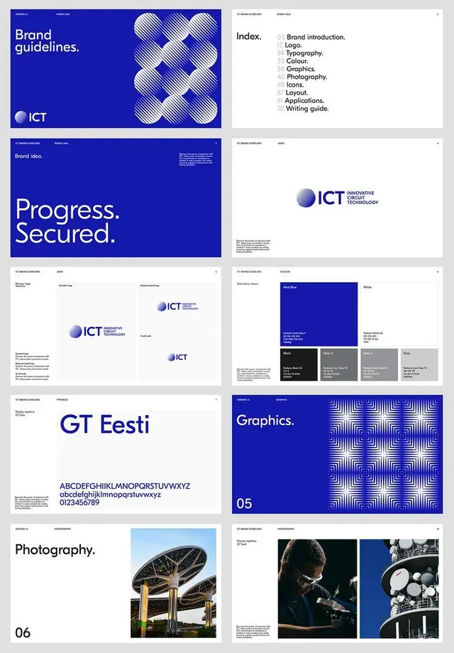 ICT brand guidelines deck with geometric patterning, corporate-clean, minimal, light