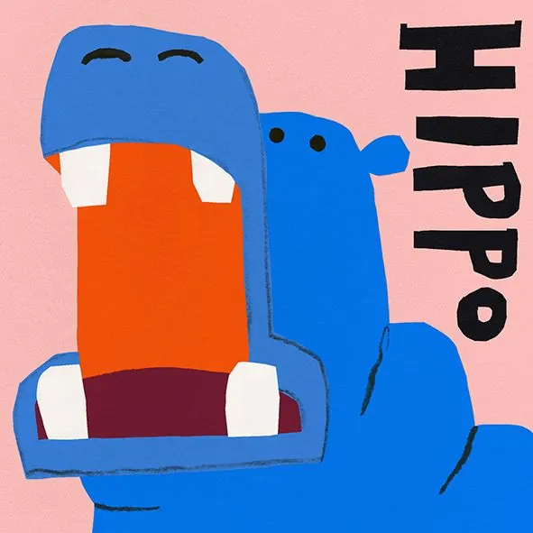 Hippo character illustration for children's branding, flat, illustrated, warm