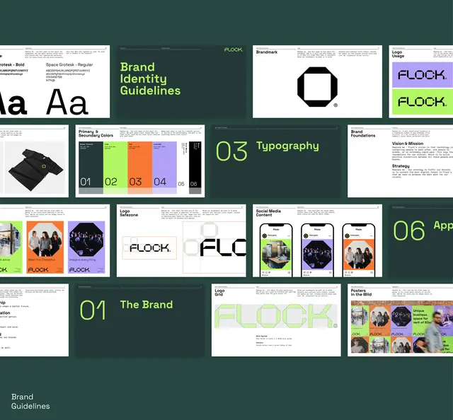 FLOCK brand identity system with vibrant accent palette, minimal, corporate-clean, light