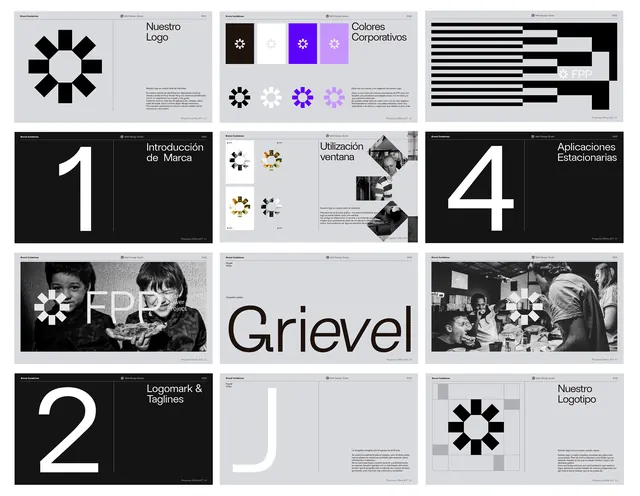 Systematic brand guidelines grid of logos, iconography, and typography, minimal, corporate-clean, dark
