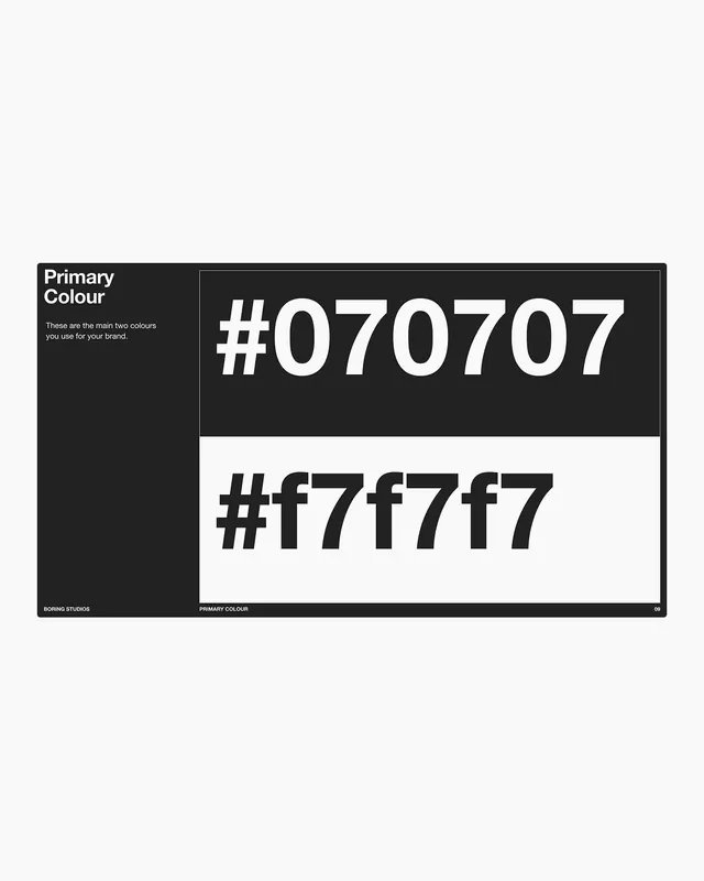 Primary color documentation spread with hex values, minimal, monochrome, dark