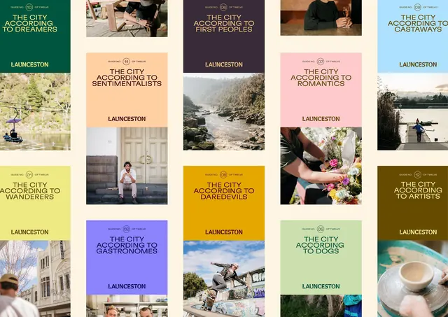 Launceston city editorial grid with personified categories, minimal, editorial, warm