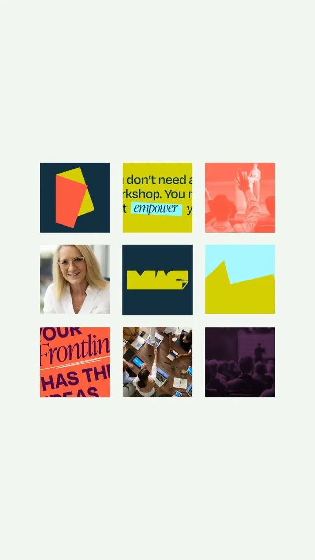 High-contrast editorial grid with color-blocked panels, minimal, geometric, warm