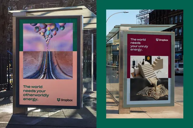 Dropbox outdoor campaign with photographic diptych, photographic, gradient-heavy, cool