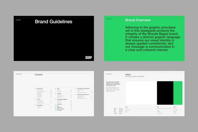 Woods Bagot brand guidelines spread with vibrant green, minimal, corporate-clean, dark