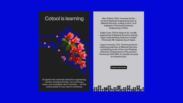 Cotool split-screen case study card, corporate-clean, minimal, vibrant