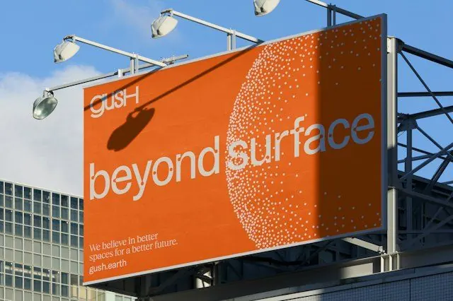 Sustainable brand billboard with dot pattern accent, minimal, warm