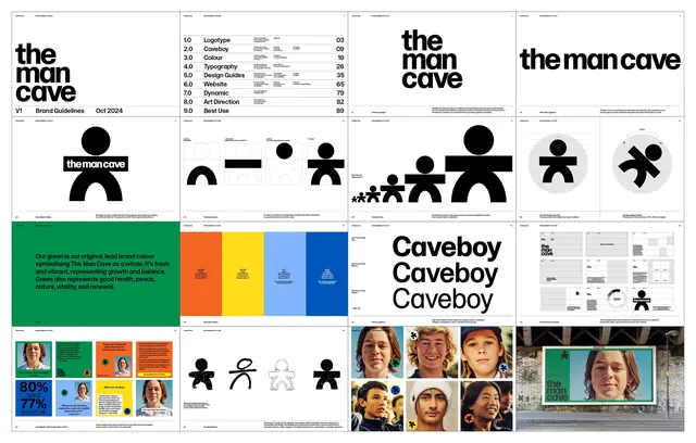 The Man Cave stick-figure logo system, minimal, geometric, dark