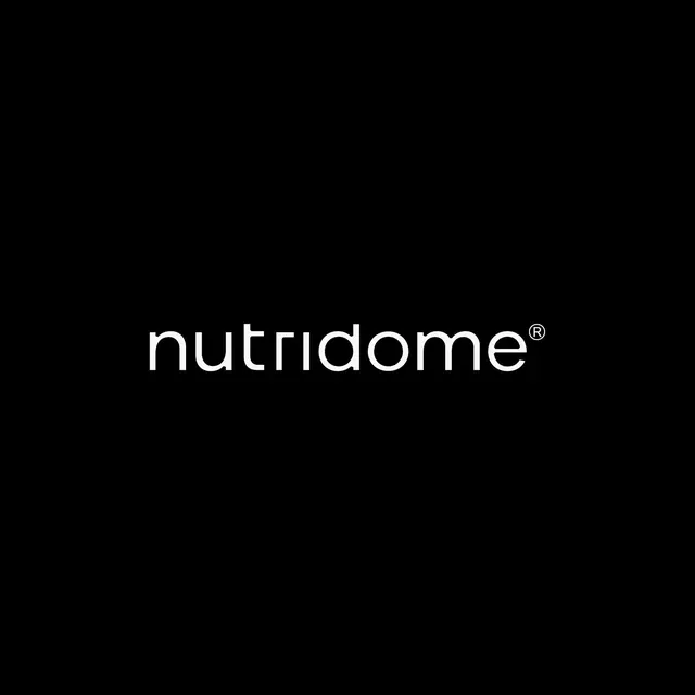 Nutridome wordmark on black, minimal, corporate-clean, dark