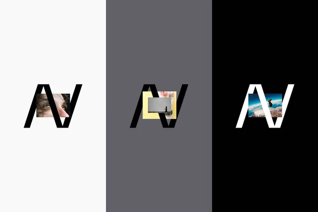 Negative-space monogram with photographic inserts, minimal, geometric, dark