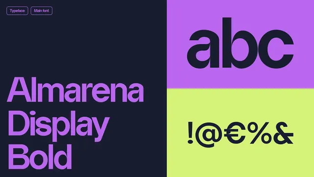 Almarena Display Bold typeface specimen, geometric, minimal, dark