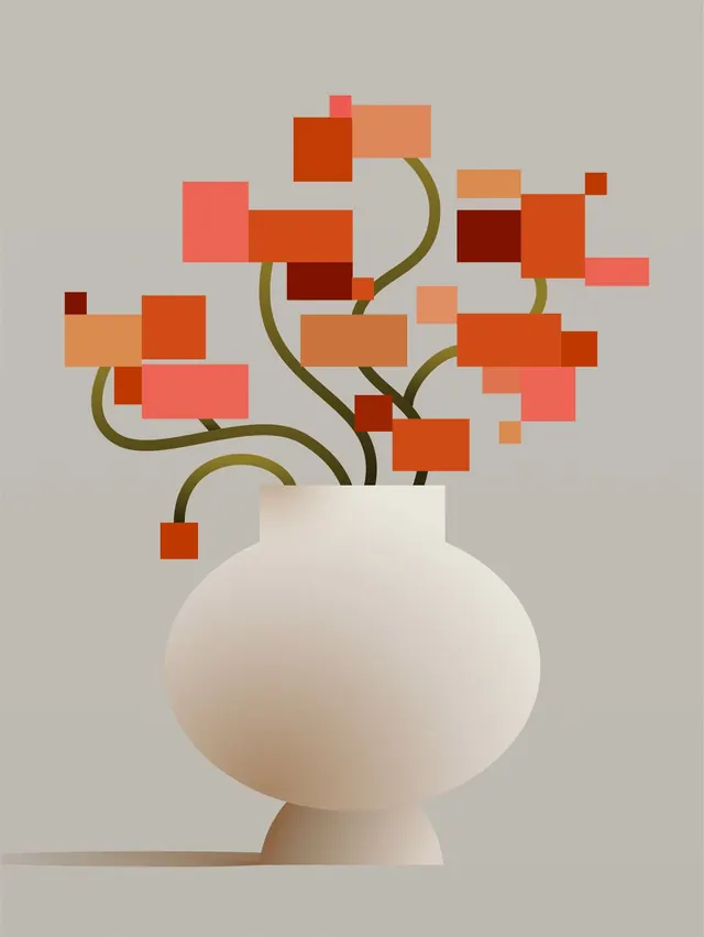 Ceramic vase with geometric botanical, minimal, geometric, muted