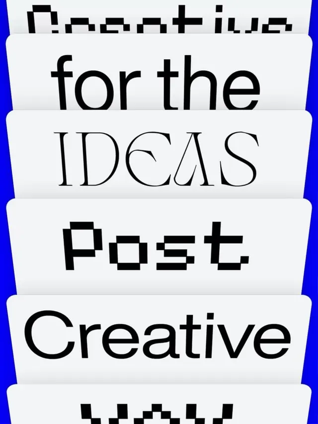 Stacked typeface layers with bold blue frame, geometric, playful, high-contrast
