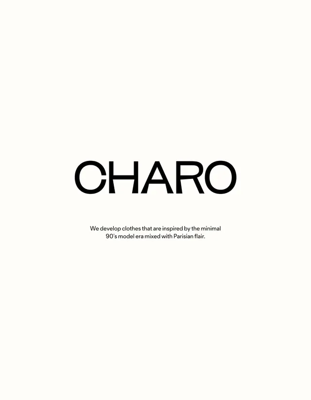 CHARO luxury fashion logotype with mission statement, minimal, luxury, dark