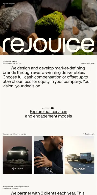 Rejouice agency editorial layout, minimal, organic, light