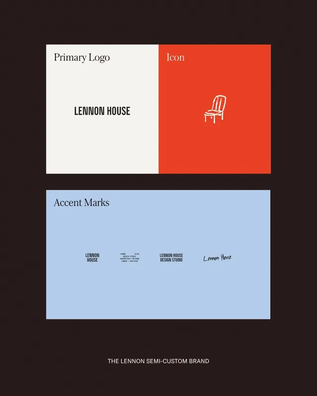 Lennon House identity system with serif wordmark and orange icon block, minimal, corporate-clean, light