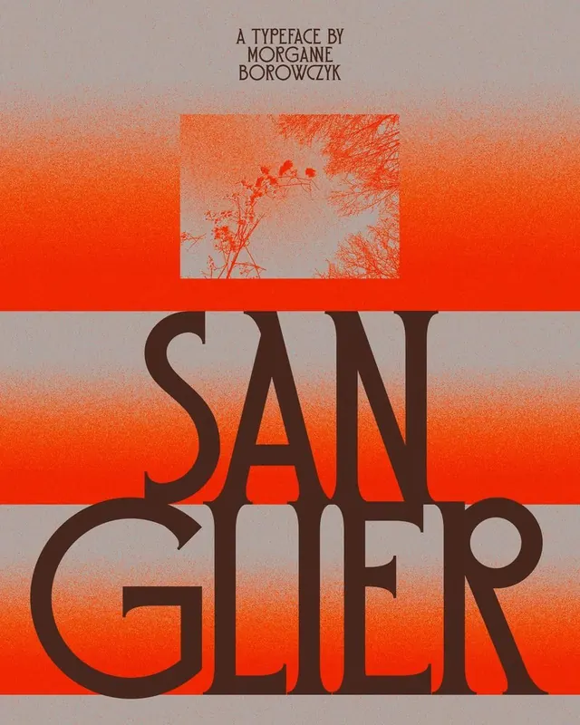 Sangler typeface specimen with organic texture overlay, gradient-heavy, editorial, warm
